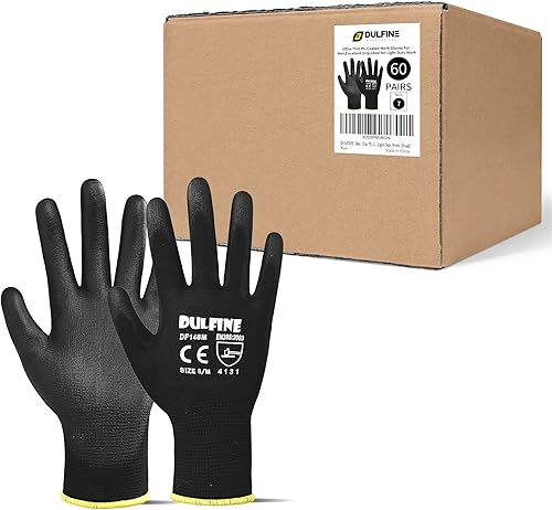 Vista 34 de Guantes de trabajo de seguridad con revestimiento de poliuretano, 12 pares, guantes de punto sin costuras azul con revestimiento de poliuretano