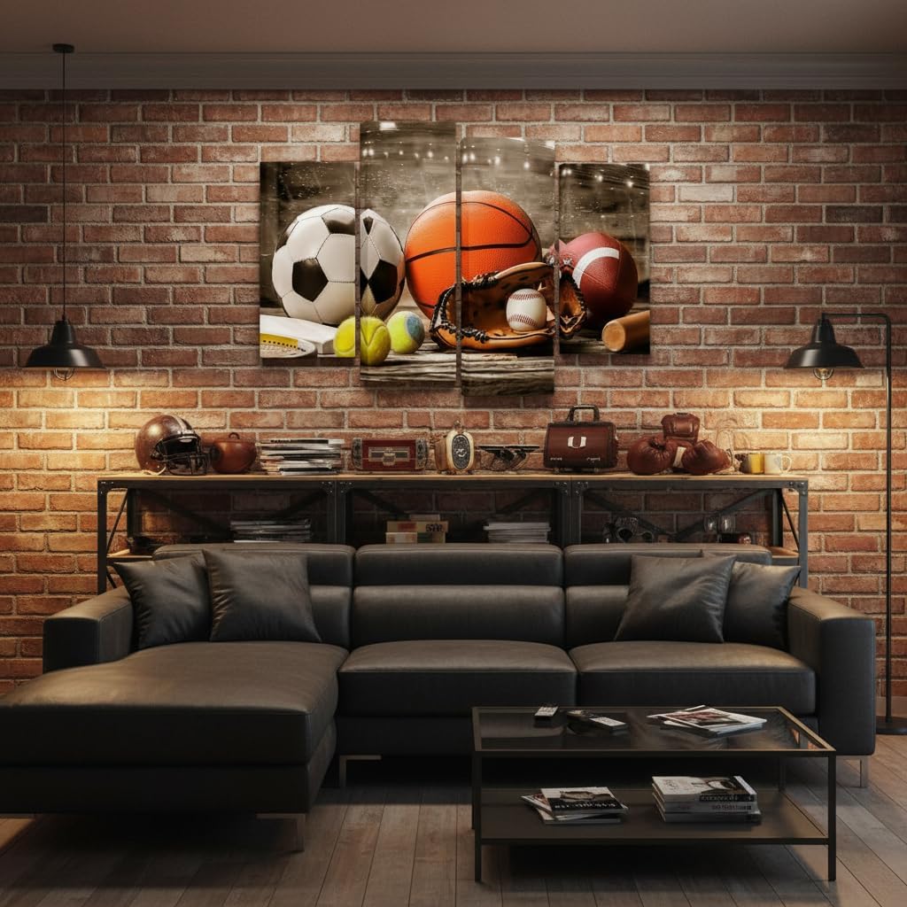 FuShvre Sport Pictures for Man Cave Football Basketball Baseball Rugby Canvas Wall Art Prints Ball Posters for Boys Teens Men's Bedroom Decor Gift for Sports Fan Framed