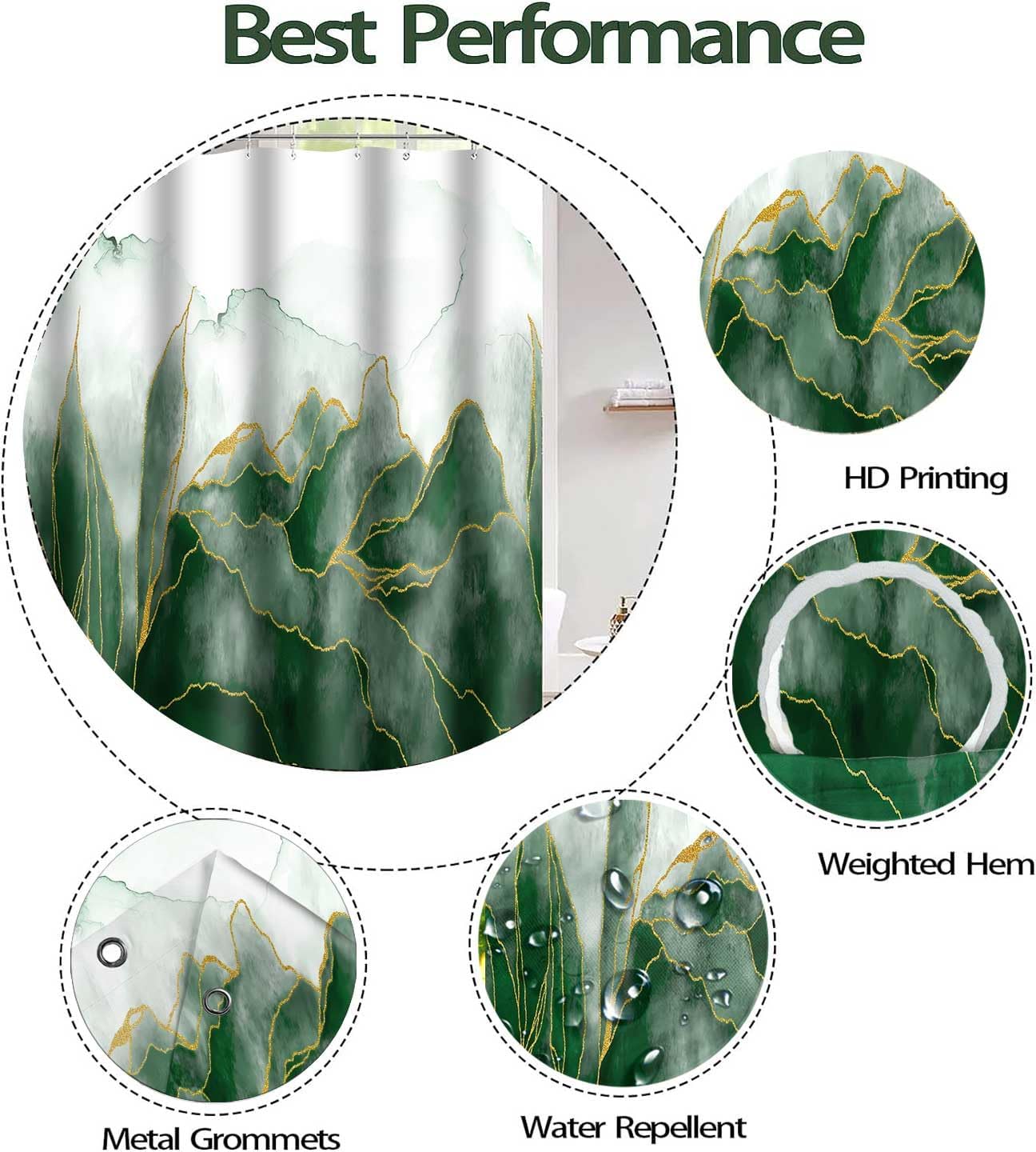 Emerald Green Marble Shower Curtain Green Ombre Modern Abstract Art Shower Curtain for Bathroom Decor 72x72Inch Washable Polyester Dark Green and Golden Texture Ink Art Bathroom Curtain with 12 Hooks