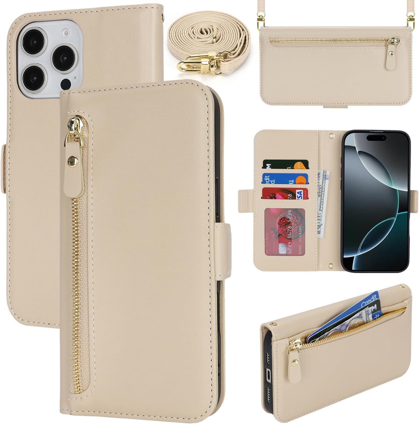 Lipvina for iPhone 16 Pro Wallet Case for Women,Zipper Pocket,PU Leather Phone Case Stand flip Cover Crossbody Lanyard Strap Zipper Credit Card Holder Slots for Apple 16 Pro,Beige