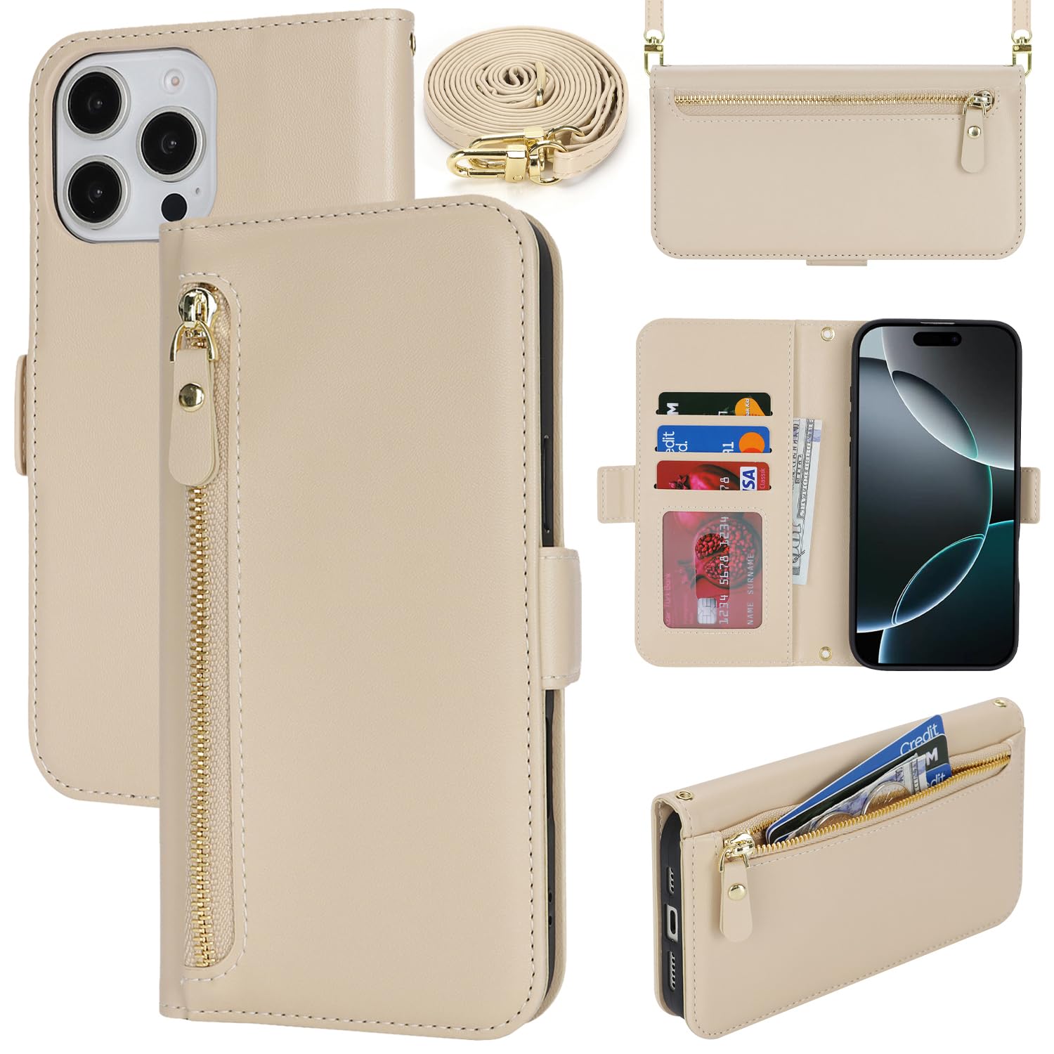 Lipvina for iPhone 16 Pro Wallet Case for Women,Zipper Pocket,PU Leather Phone Case Stand flip Cover Crossbody Lanyard Strap Zipper Credit Card Holder
