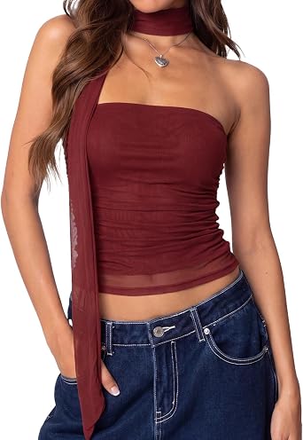 SUUKSESS Women Mesh Tube Top Y2k Sleeveless Bandeau Tank Tops with Scarf 2026