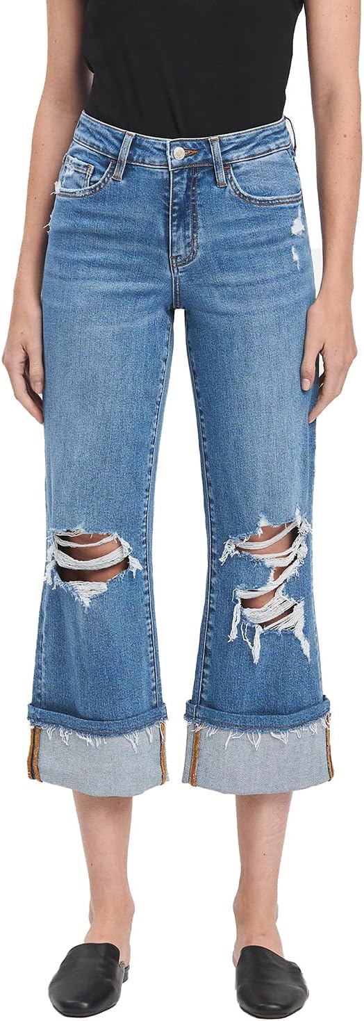 VERVET High Rise Cuffed Crop Wide Jeans V3593