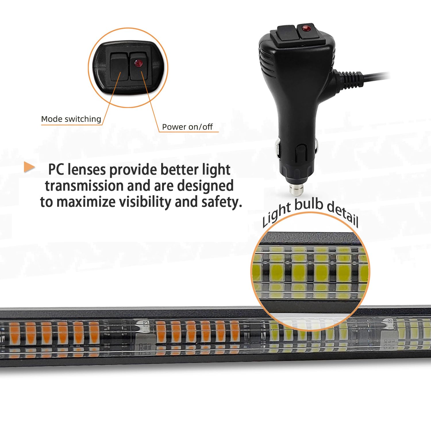 Luci a ventosa per auto,2 PCS Striscia luminosa stroboscopica,Striscia,stroboscopica IP67,23 modalità flash,Cavo di alimentazione da 4,5 m,Bianco e giallo,Per auto, camion, trattori, ecc.