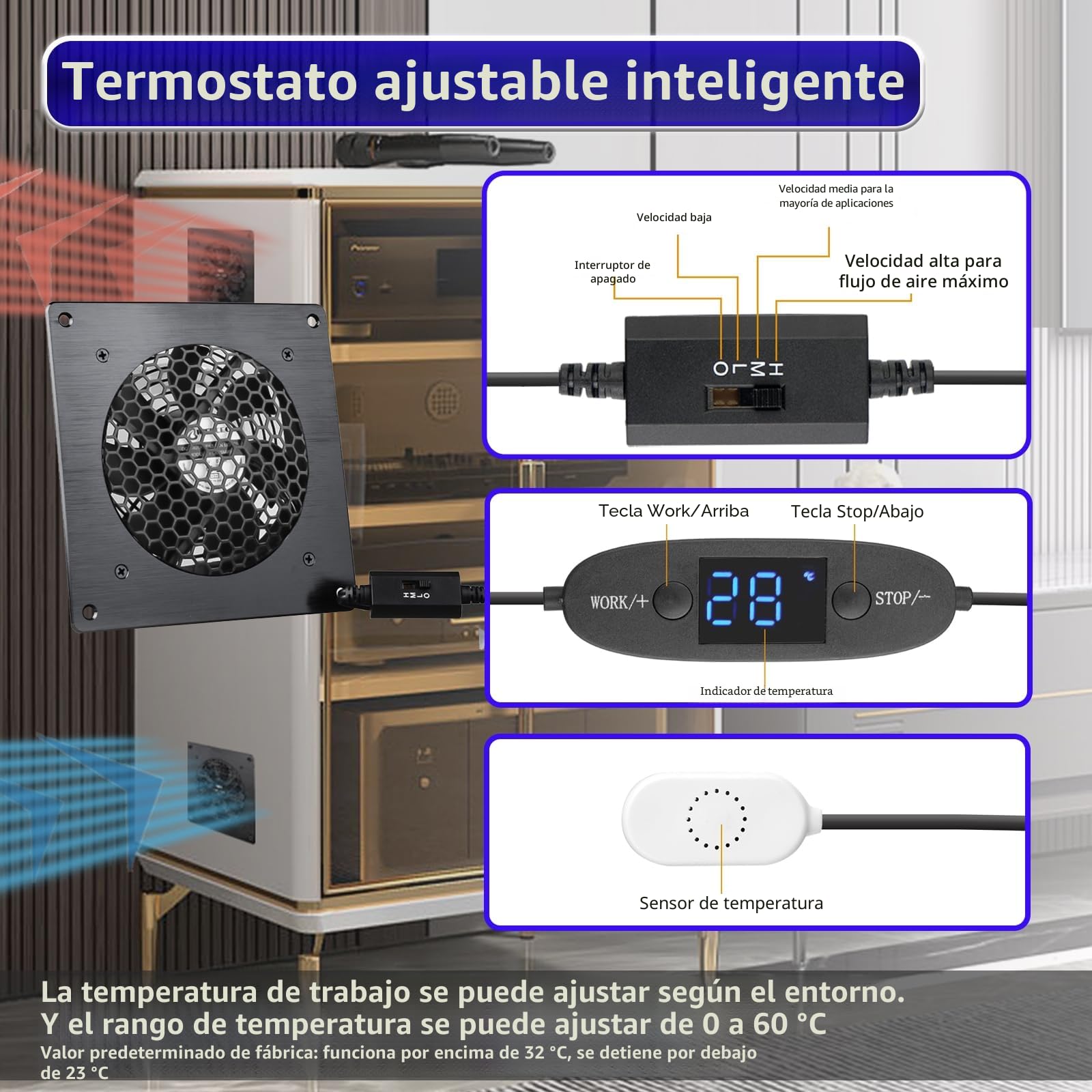 Ventilador USB de 80 mm, pantalla digital, regulación de temperatura, sistema de ventilador silencioso, ventilador de 5 V, juego 2 en 1, con marco de aluminio negro para armario de cine en