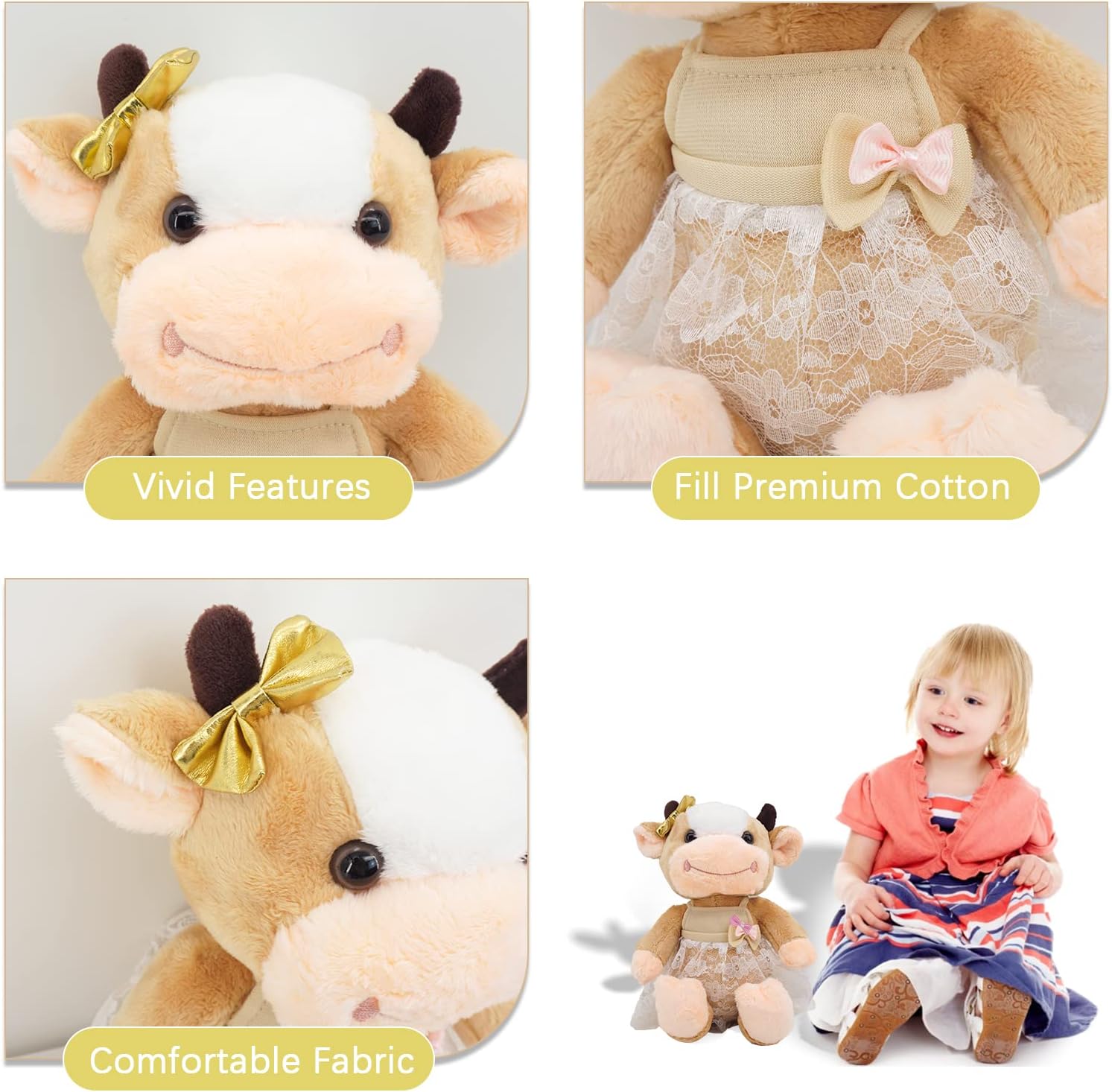Qnnimal Rural Cow Stuffed Animals-Cute Stuffed Cow Plush with White Veil-Fluffy Cow Plush Toys-Comfortable for Birthday Gift 12.5 Inches