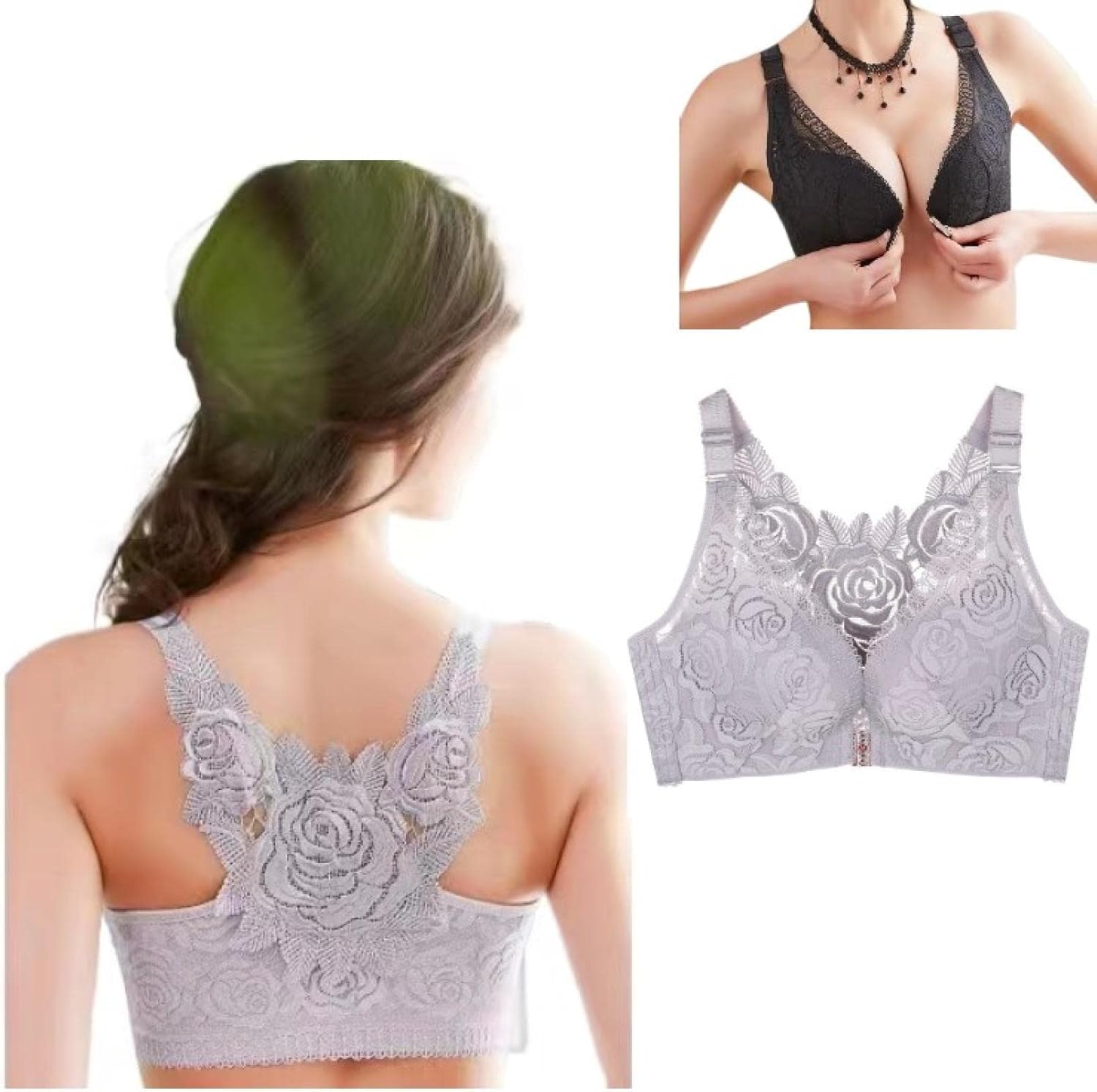 Gitvirgo Rose Embroidery Front Closure Wirefree Bra, Lace Floral