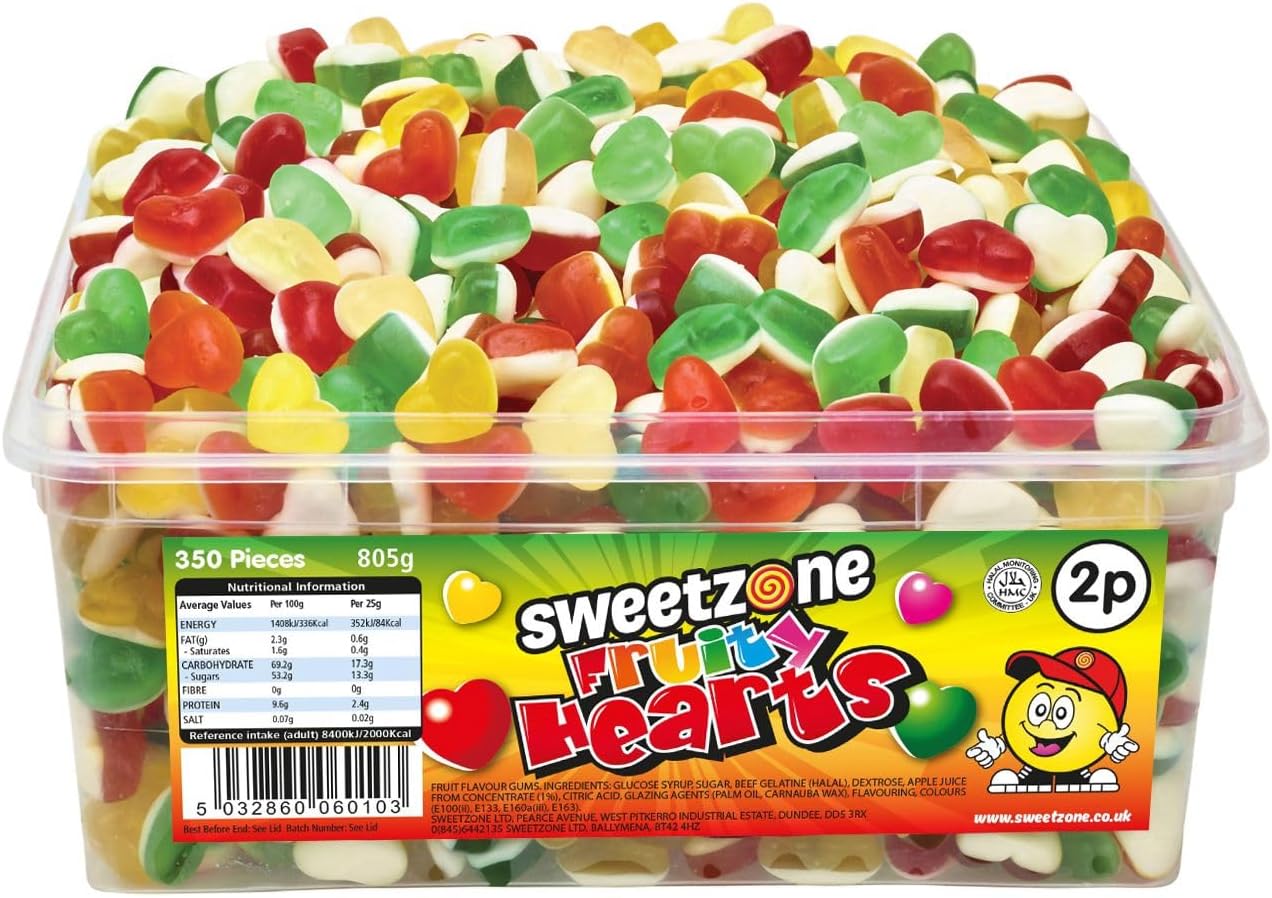 Sweetzone Fruity Love Hearts Sweet Tub, MixedFruit, Halal Sweets Tub