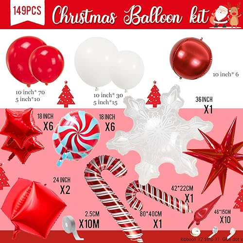 Miniatura 8 de Kit de arco de guirnalda de globos de Navidad, 149 globos blancos y rojos con copo de nieve de invierno, paleta de bastón de caramelo y caja de