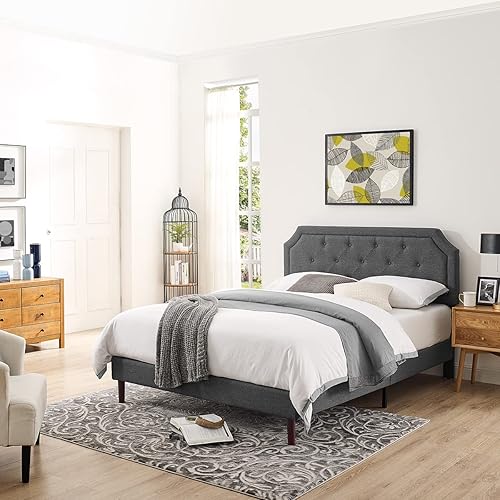 Miniatura 3 de Base de cama tapizada de tela de lino con cabecera de altura ajustable con botones curvos y listones de madera, tamaño Queen, color gris oscuro