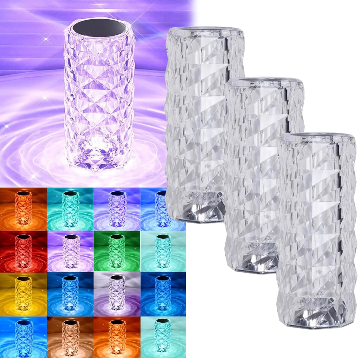 16 Colors Rose Rays Crystal Diamond Table Lamp, RGB Color Changing Lamp with Touch & Remote, USB Rechargeable for Photo Sharing, Bedroom Decor, and Creating Atmosphere (3pcs,Large)