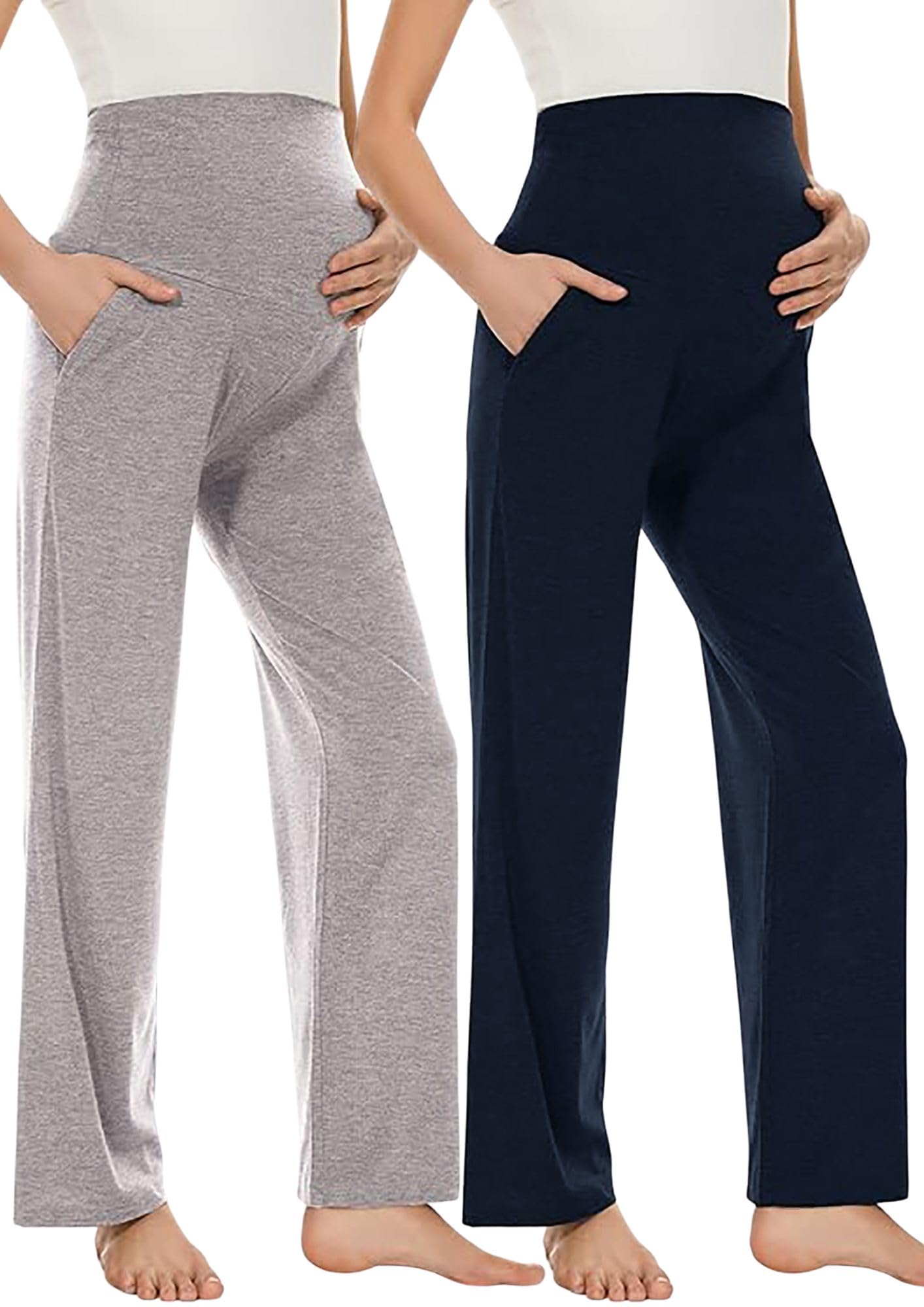 litelooks clothing Women's Maternity Leggings with Pockets – Comfortable, Seam-Free, High Waist Support and Stretchable Pants for Pre & Post Pregnancy - Pack of 2