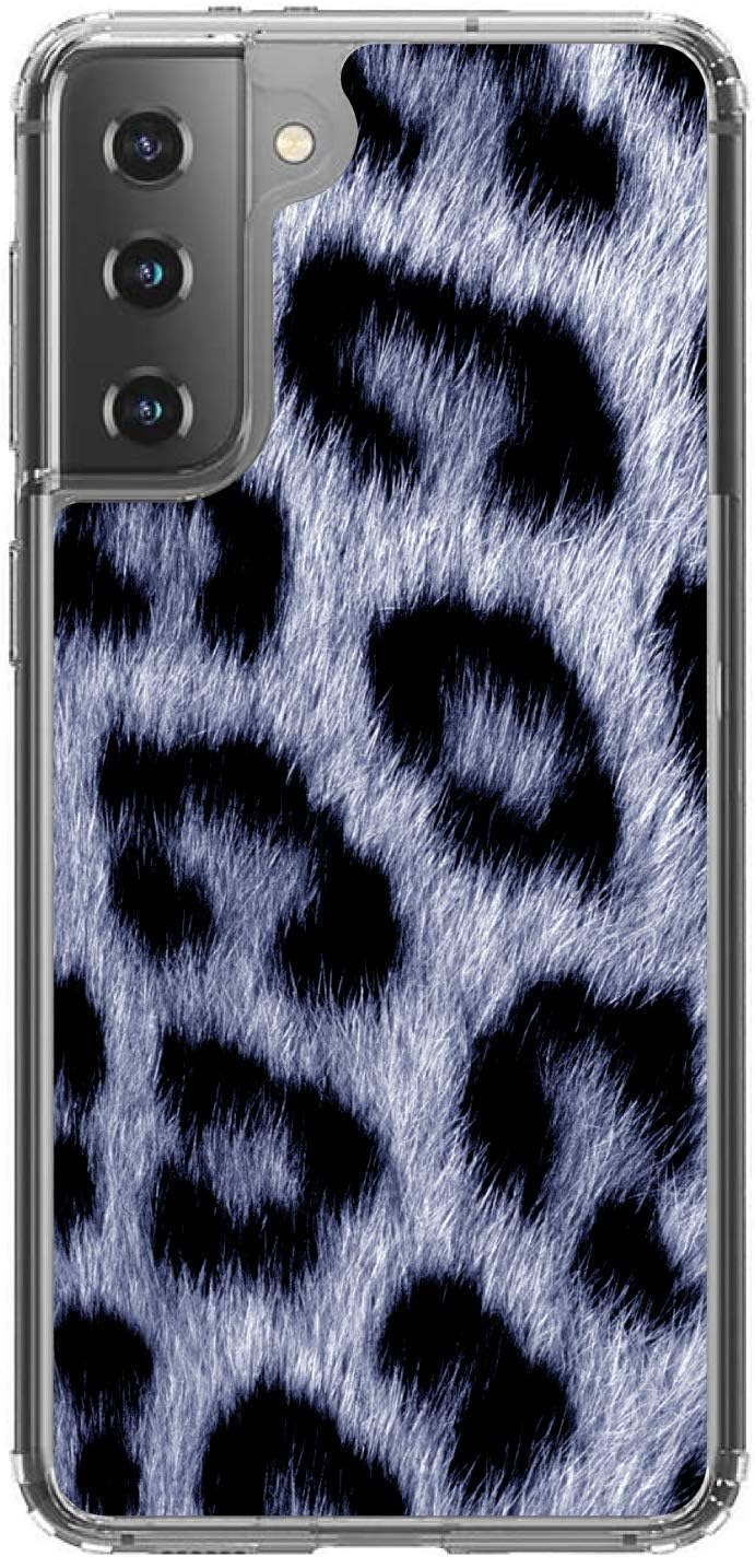 DistinctInk Clear Shockproof Hybrid Case for Samsung Galaxy S21 5G (6.2" Screen) - TPU Bumper, Acrylic Back, Tempered Glass Screen Protector - Black White Snow Leopard Fur Print