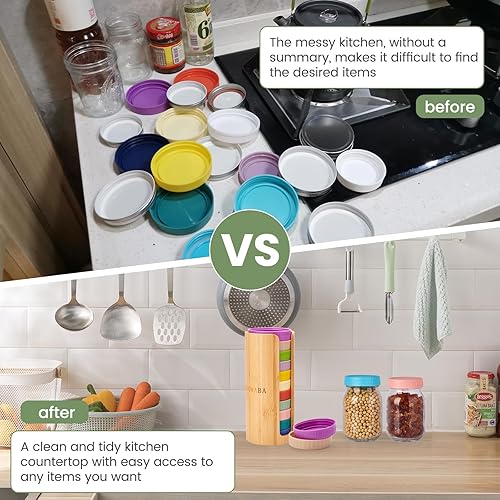 Miniatura 3 de Organizador de tapas de tarro Mason (2 piezas), almacenamiento de tapa de tarro Mason hecho de bambú, se ajusta perfectamente, apilable y estable,