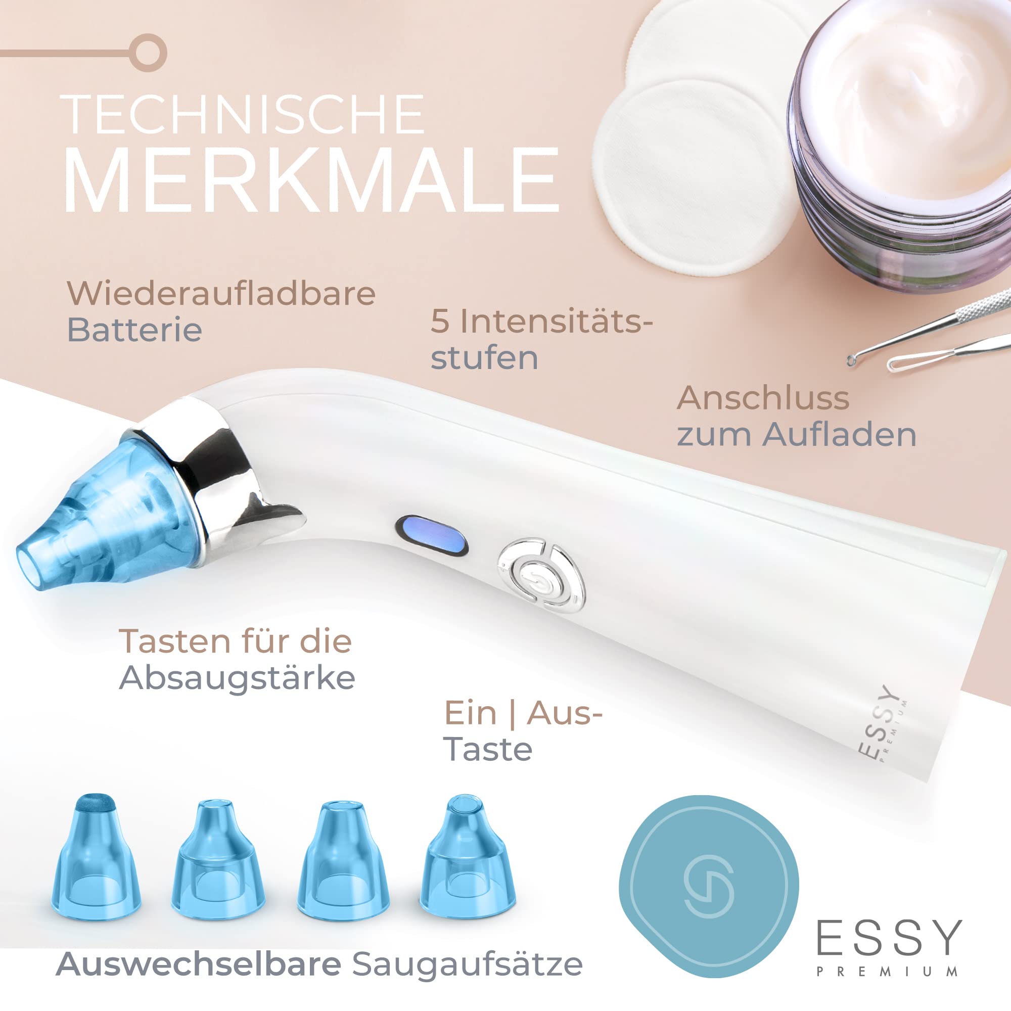 Essy Mitesserentferner Gesichtsreinigungsgerät zur Pickel-Absaugung (Blau) | Tiefenreinigung der Poren, 5 einstellbare Intensitätsstufen, wiederaufladbar, 4 Saugaufsätze, für alle Hauttypen geeignet