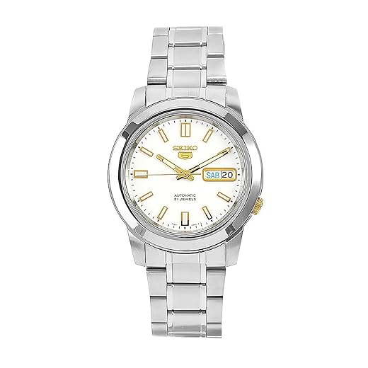 SEIKO Relógio masculino SNKK07 5 aço inoxidável com mostrador branco, Azul, Relógio de quartzo, corda automática, corda automática, relógio automático