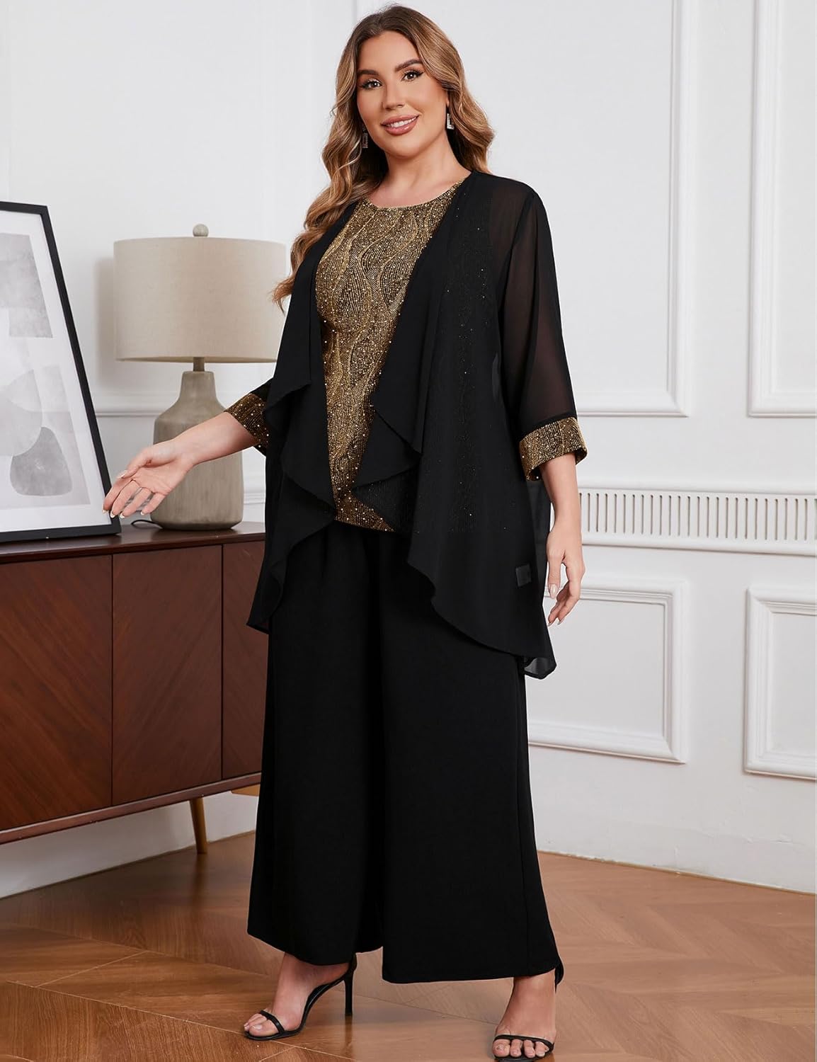 ZOMVA Plus Size 3 Piece Formal Pantsuit Sparkly Chiffon Jacket Set Dressy Outfit Mother of The Bride Groom Wedding Cocktail - Image 3