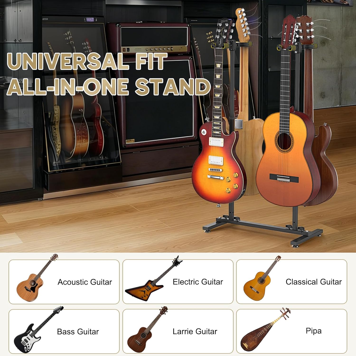 Fulgutonit Guitar Stand for 4 Guitars, Heavy Duty Multi Guitar Holder Stand with Adjustable Height & 90° Gravity-Lock U-Hook, 4 Guitar Rack Floor for Electric, Acoustic, Classical Guitars & Bass