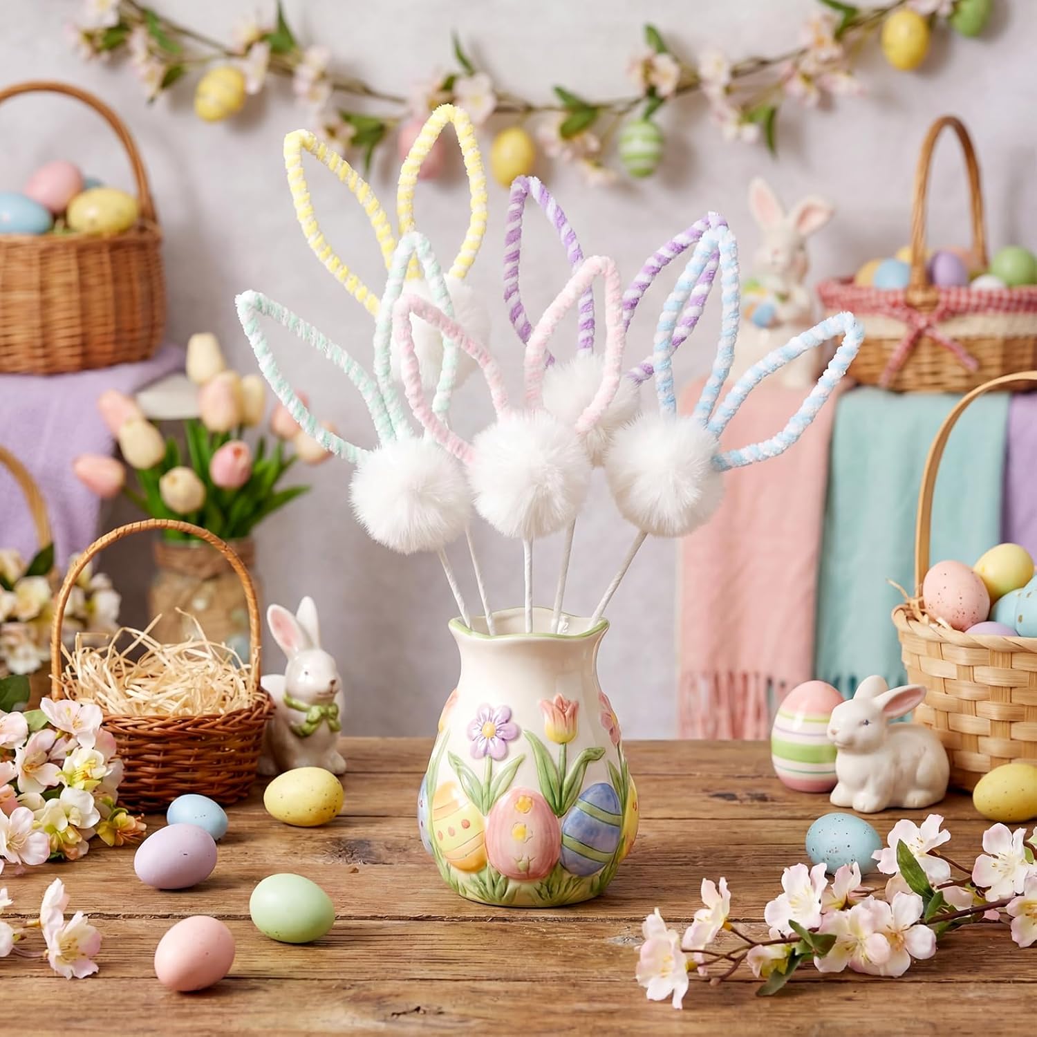 Gerrii 10 Pcs Easter Decorations Rabbit Ears Tree Picks Ornaments Bunny Ears Decor with White Pom Poms Rabbit Tail Easter Spring Party Supplies Spring Decorations for Tree Home Vase DIY Party Craft