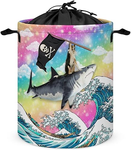 Divertido tiburón perro independiente impermeable cesta de lavandería fantasía arco iris colorido cielo japonés gran ola impresión para dormitorio,