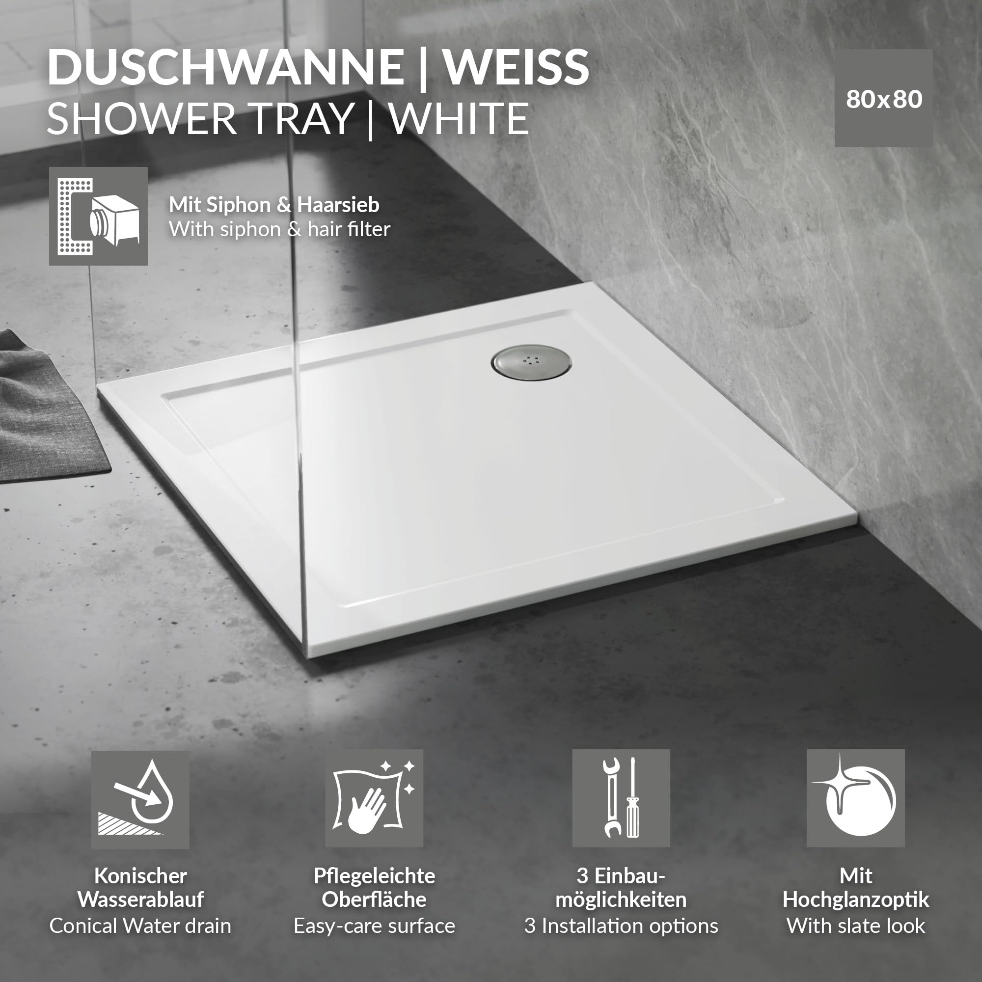 LuxeBath Plato de Ducha 80x80 cm Cuadrado con Válvula de Desagüe, Base de Ducha para Mamparas en Resina Extraplano con Sifón, H4cm, Acabado Brillante, Forma Angular, 3 Opciones de Instalación, Blanco