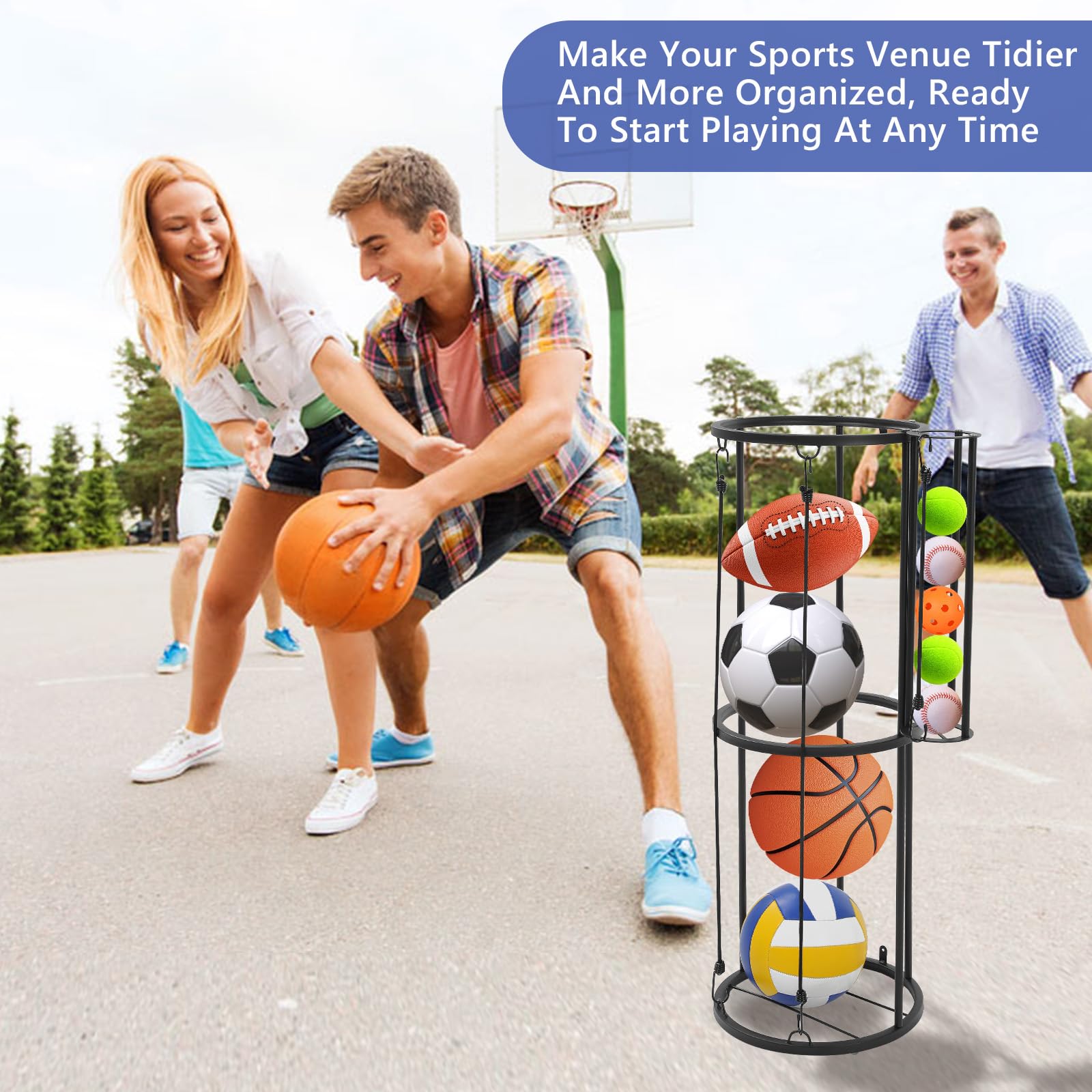 Scaffale portaoggetti per palline da garage, supporto verticale per pallacanestro, calcio, pallavolo, calcio, organizer salvaspazio per attrezzature da garage e cantina, uso esterno, nero