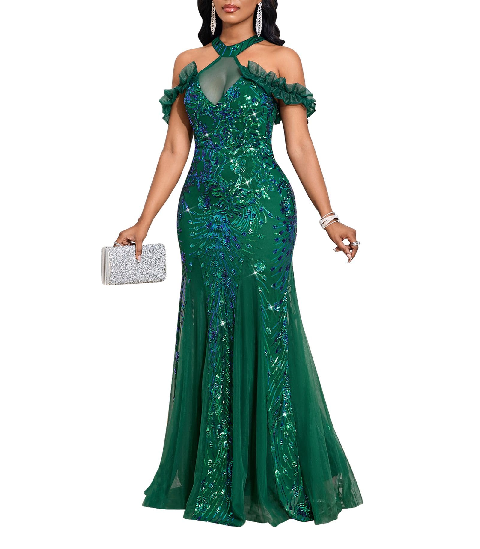 Cololura Women Sequin Halter Mesh Bodycon Formal Maxi Dress Evening Gown