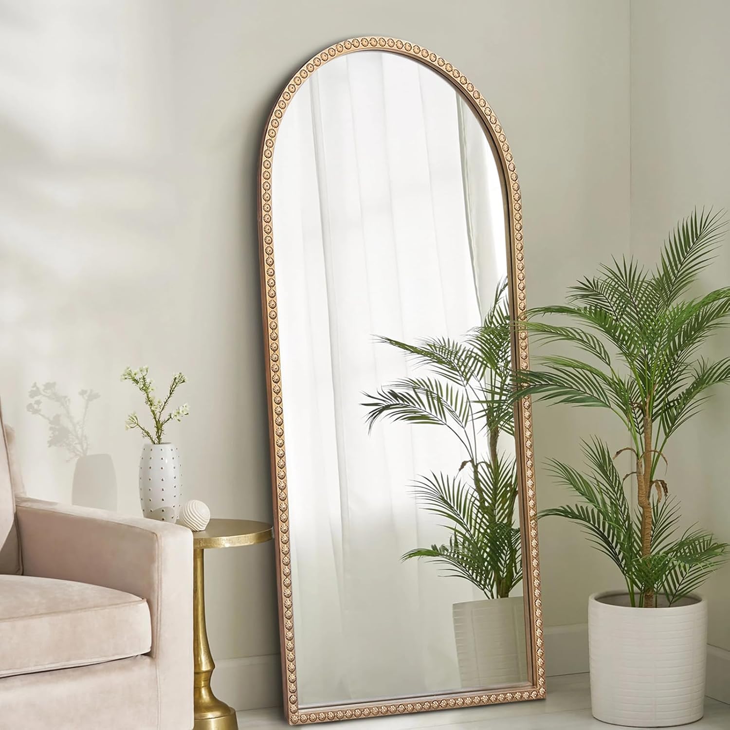 Gold Arched Mirror, 22"x47" Arch Vanity Mirrors for Bathroom, Decorative Accent Mirror with Metal Beaded Frame, Large Vintage Mirrors for Fireplace Bedroom Entryway Hallway Living Room - Image 3