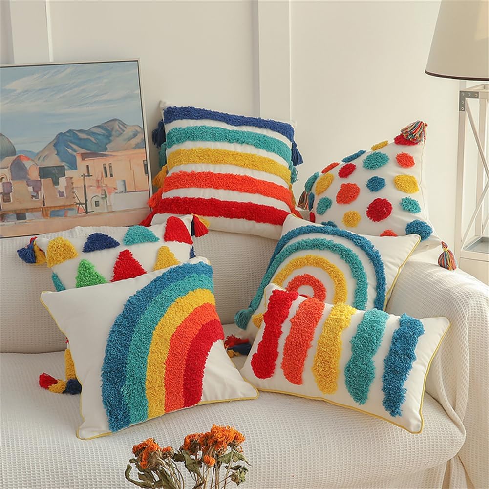 Colorful Throw Pillows Boho Throw Pillows Covers 18x18 Inch - Hand Tufted Cotton with Playful Tassels | Boho Multicolor Polka Dots Pattern| Vibrant Nursery Kids Room Decor Pack of 1,18" x 18" D - Image 5