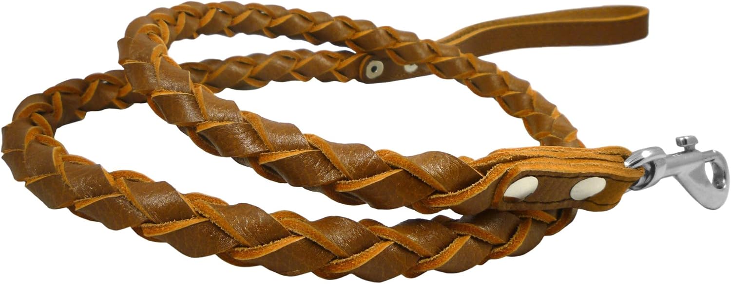 4-Thong Round Fully Braided Genuine Leather Dog Leash, 4 Ft Long Brown, Large Breeds