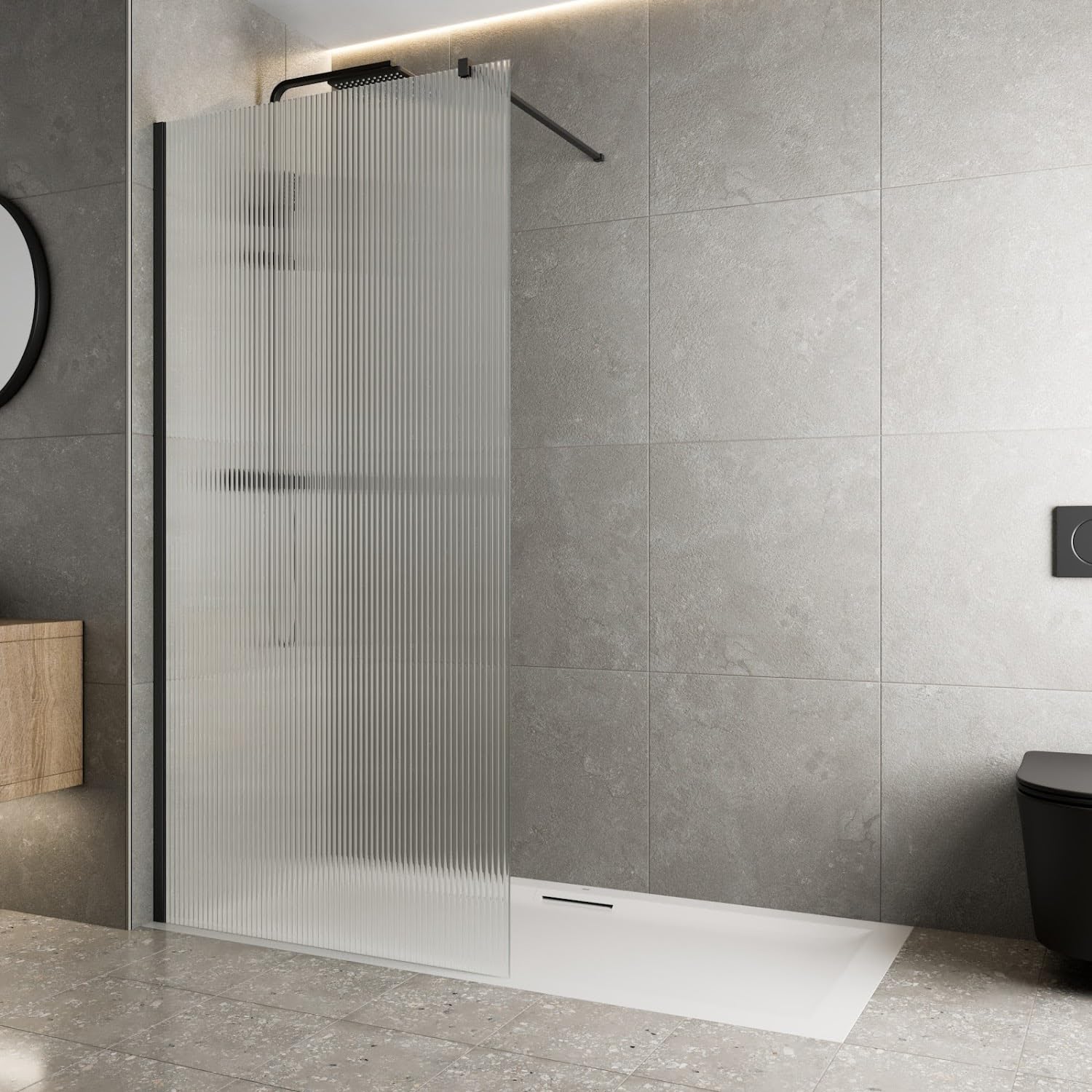 BAYSTONE® 800mm Wet Room Shower Screen Panel 8mm Fluted Toughened Safety Easy Clean Glass Walk in Shower Enclosure, Frameless Panel, Matt Black