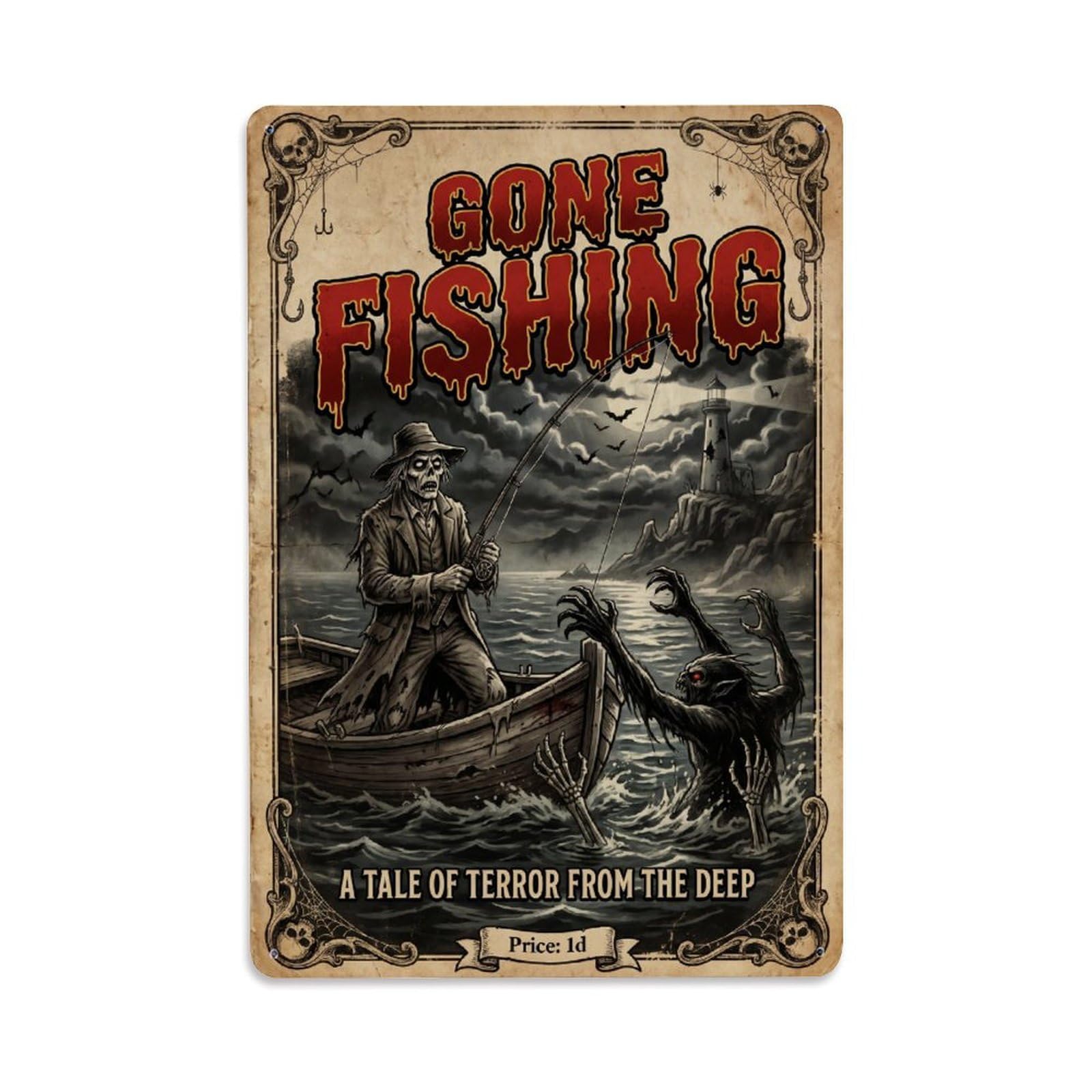 Gone Fishing Fishing Night Vintage Metal Tin Sign Plaque Wall Decor for Cafe, Club, Garden Metal Poster 8x12Inch