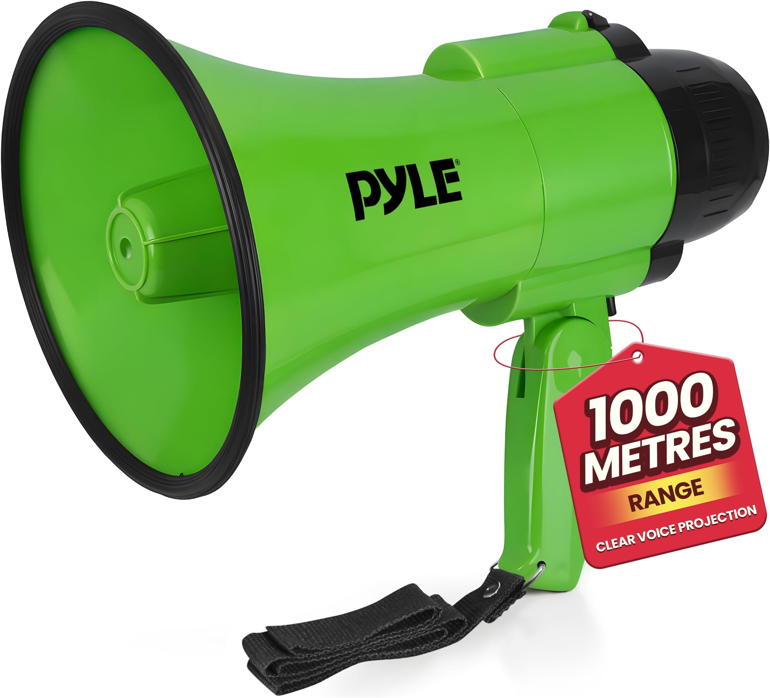 Pyle Compact Battery-Operated Megaphone with Siren - 30W Power, Microphone, 2 Modes, PA Sound, Bullhorn, 1200 Yards Range, Foldable Handle for Cheerleading, Police Use (Green)