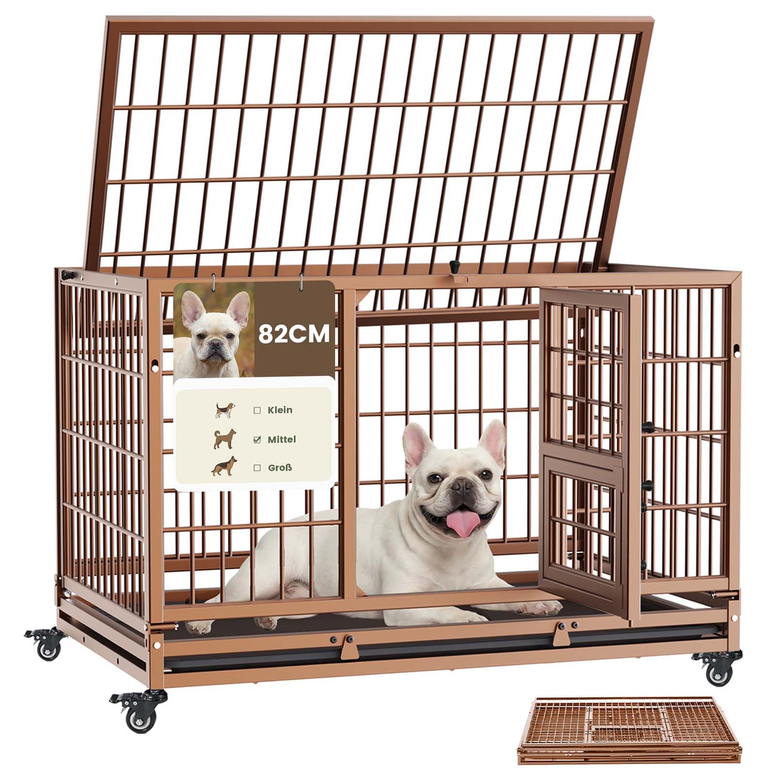 Gardner Pet Hundekäfig faltbar, 82 x 52 x 56 cm, Braun | 3 Türen, Transportkäfig für kleine Hunde mit Höhenangst, Feststellbare Räder, Herausnehmbare Bodenschale