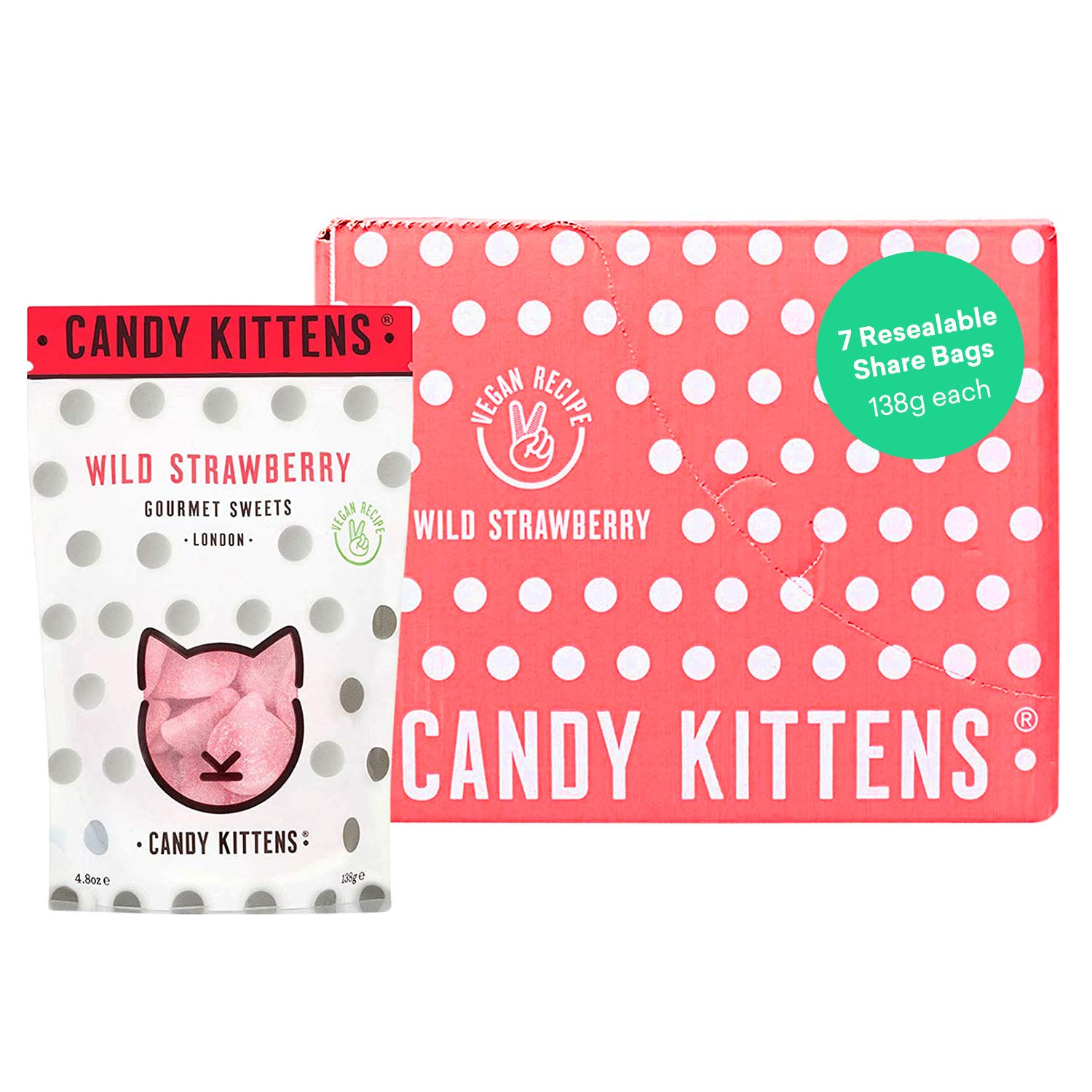Candy Kittens Vegan Sweets - Plant Based - Gluten-Free - Natural Fruit Flavour Candy - Gummy Chewy Gourmet Sweets - Wild Strawberry, 4.8oz (Pack of 7)
