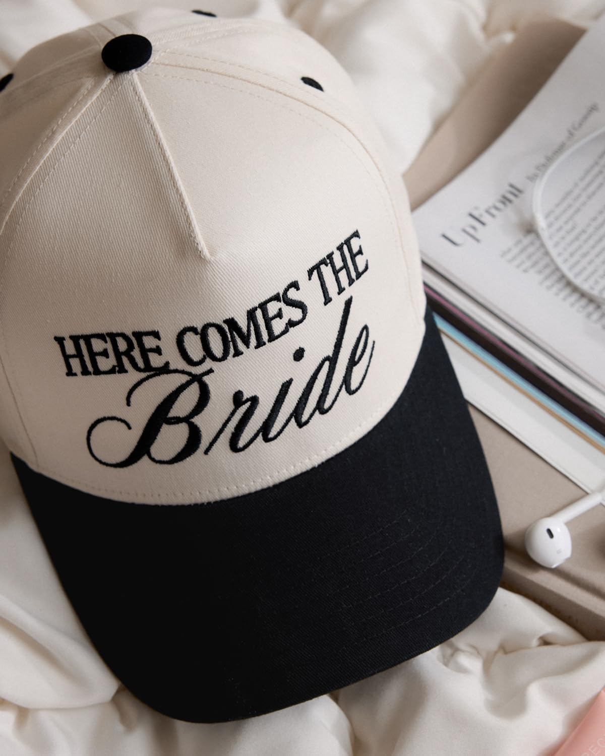 xo, Fetti Here Comes The Bride Trucker Hat | Bachelorette Gift, Ivory and Black, Embroidered, Bach Party, Wedding Day of, Honeymoon, Bridal Shower Gift