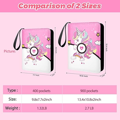 Miniatura 5 de Uokinuo Unicorn Card Binder 9 Pockets, 900 Pockets Card Holder with 50 Sleeves Premium Cards Binder with Zipper Pink Portable Trading Cards
