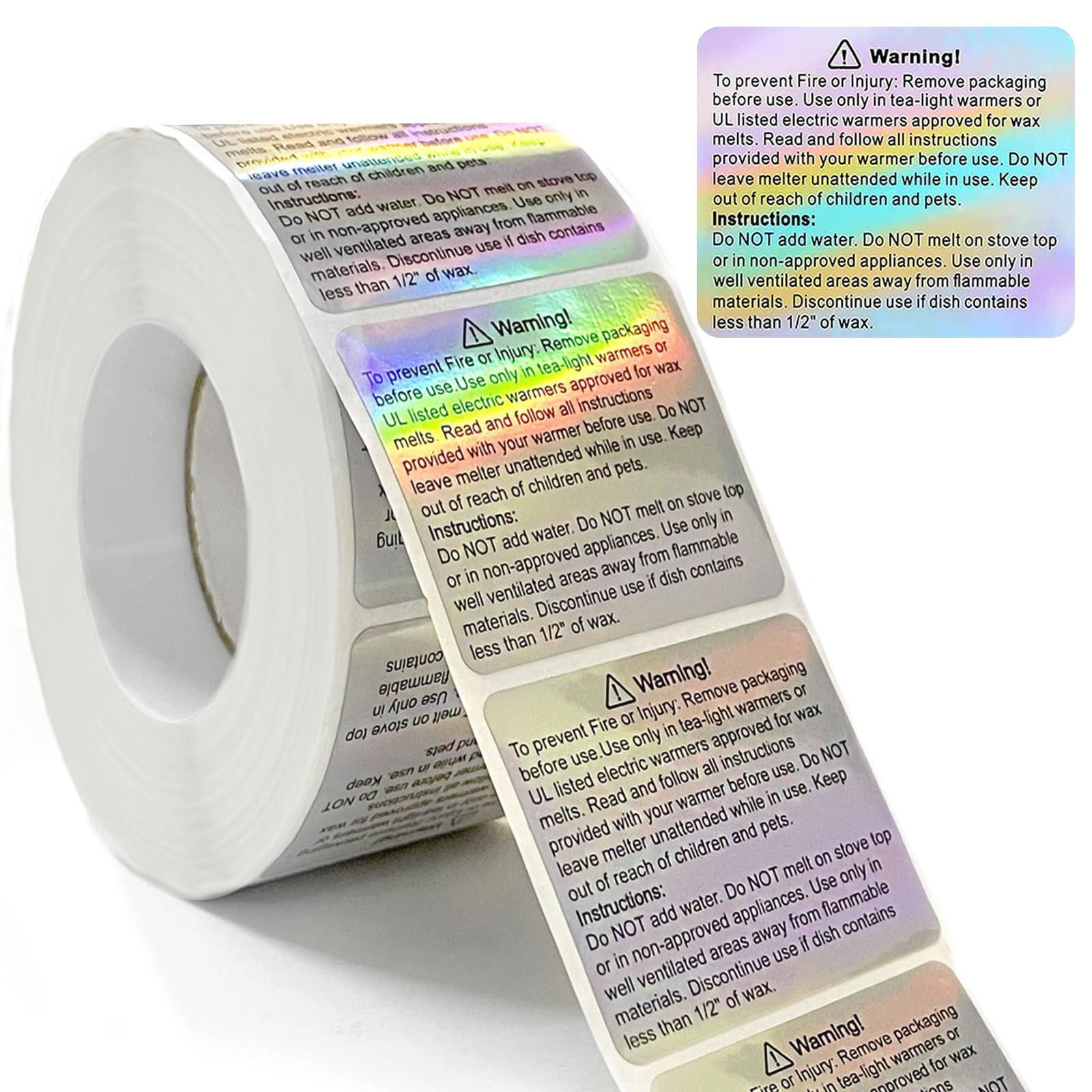600 Holographic Candle Warning Labels – 1.5" x 1.84" Safety Stickers for Wax Melts, Candle Jars, Tins, Containers, Packaging