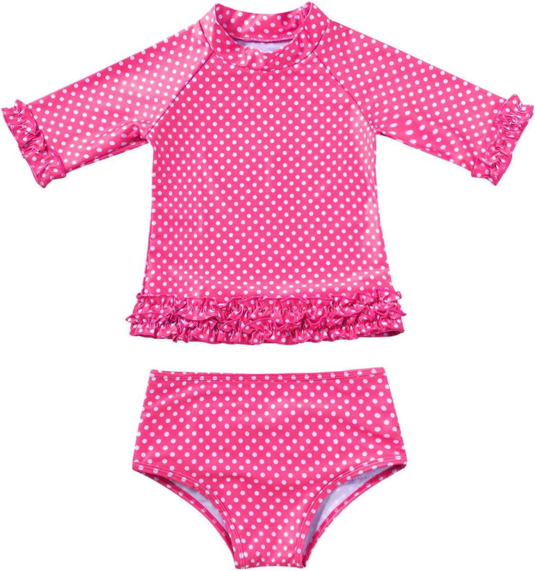 Choomomo Kid Girls Rash Guard Long Sleeve Swimsuit Set Polka Dot Print 2-Piece Bathing Suits
