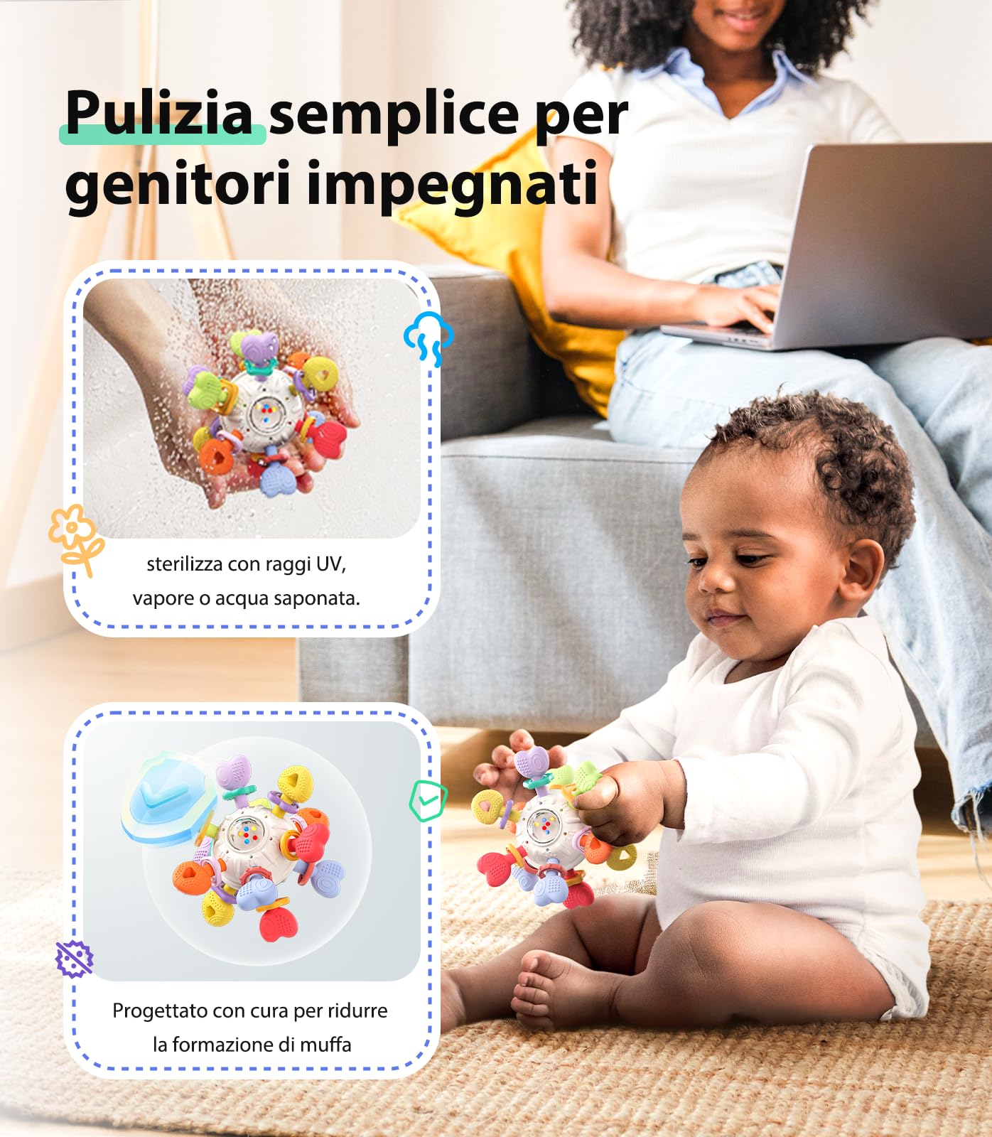 Infinno Sonaglio Dentizione Neonato 0-12 Mesi, Gioco Sensoriale Montessori in Silicone Alimentare