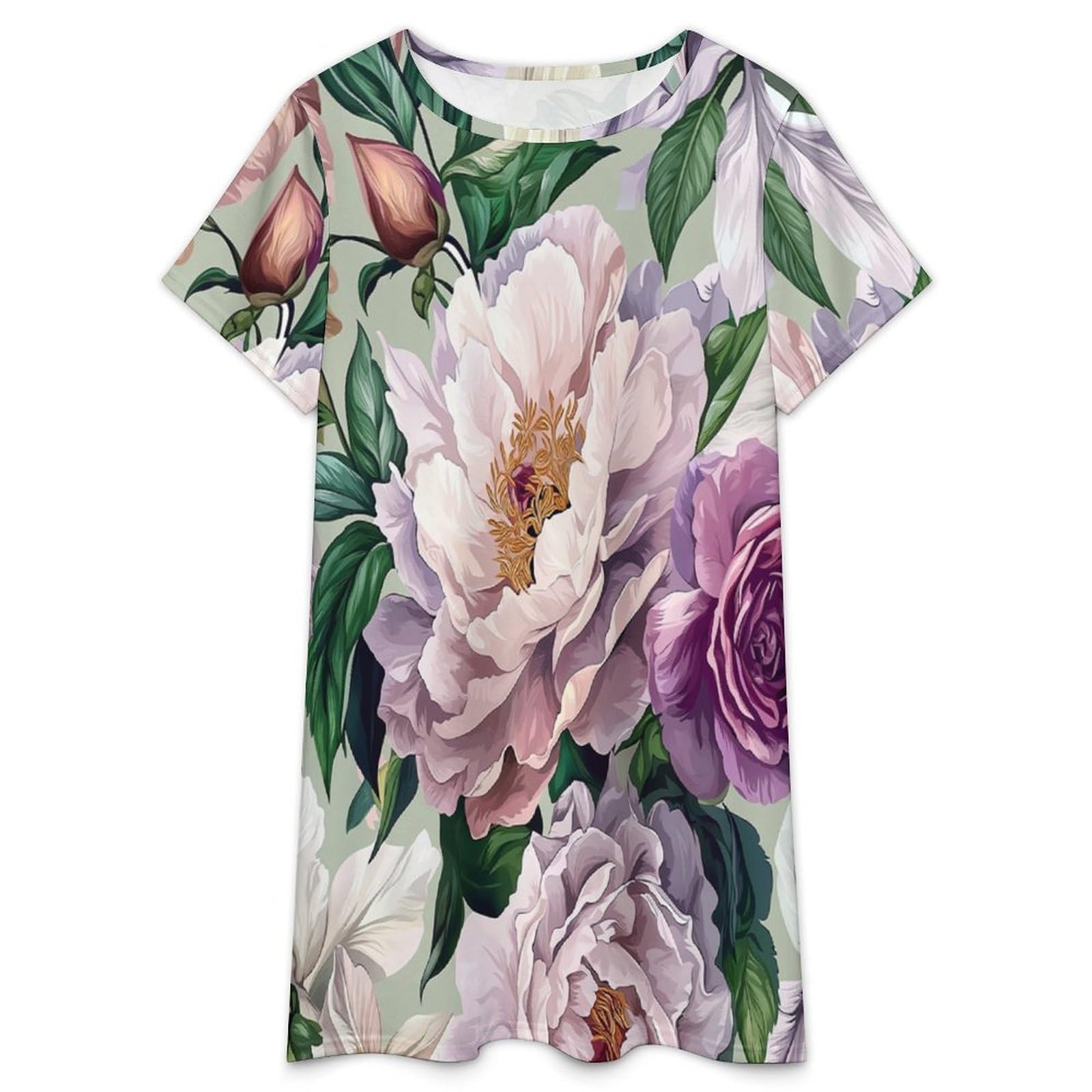 Camisones De Mujer - Peonía Púrpura Camisón De Manga Corta para Estar En Casa Tallas S-3Xl Holgado Largo Suave para El Verano.