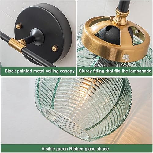 Miniatura 3 de Lámpara de tocador de baño de 3 luces, luz negra de montaje en pared con pantalla de vidrio verde, aplique de pared de mediados de siglo, lámpara de