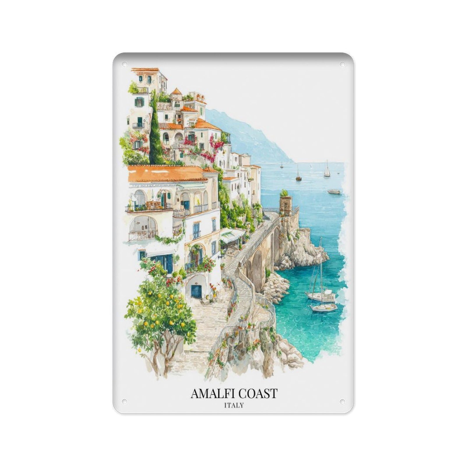 peiyeety Metal Tin Sign Amalfi Coast Watercolor Painting Italian Coast Art Amalfi Country Decor 8 X 12 Inch
