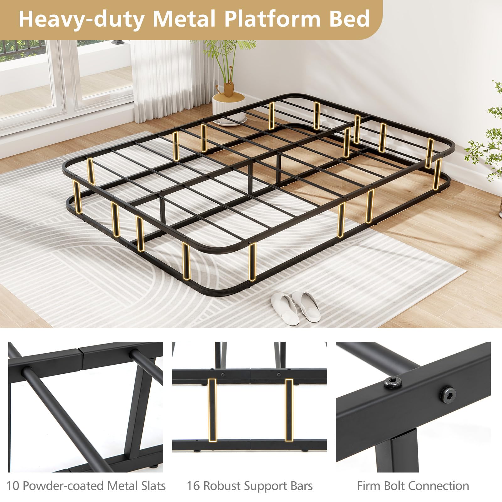 GIANTEX Boxspring Boxspringbett 140 x 200 x 26 cm, Bettgestell aus Metall, Metallbett mit Lattenrosten, Doppelbett Plattform Bett mit Metallleistenunterstützung, bis zu 300 kg belastbar, Schwarz