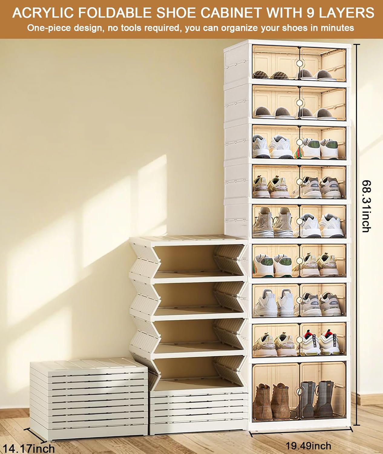 9 Tiers 18 Pairs Foldable Shoe Rack, Large Shoe Storage with Magnetic Clear Door, Easy Assembly and Freely Movable Shoes Organizer, Large Capacity Shoe Shelf for Living Room, Cloakroom, Entryway