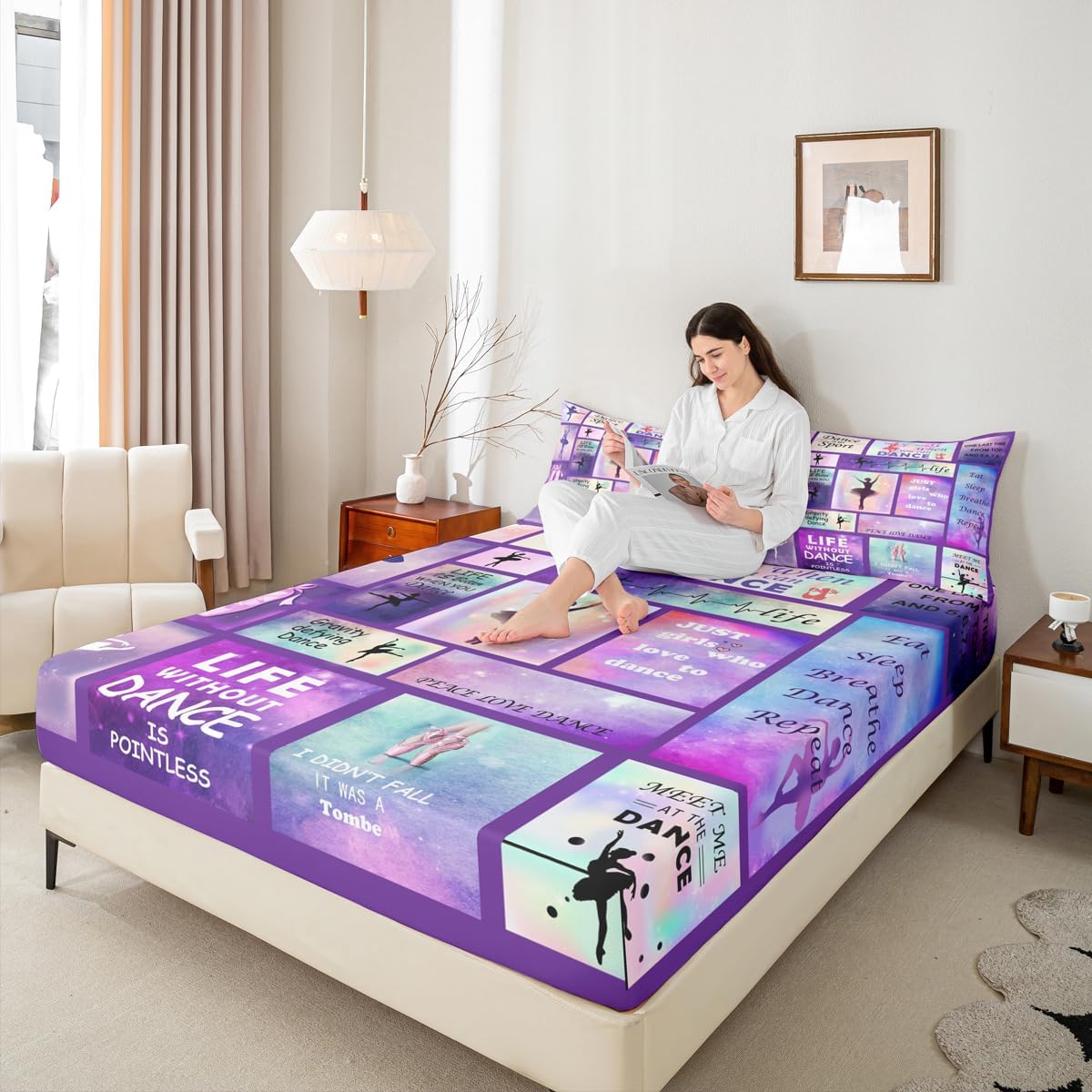 Gymnastic Dance Lovers Fitted Sheet Twin Size,Ballet Spin Feminine Bedding Set for Kids Girls Women Home Room Decor,Check Splicing Fashion Bed Cover,Purple Dreamy Bed Sheet,1 Pillowcase