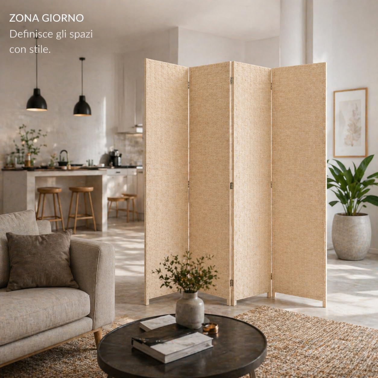 Separè da Interno 4 Pannelli 180X180h CM - Divisorio per Ambienti, in Plastica, Struttura in Legno, Motivo Intrecciato, Autoportante, per Soggiorno, Ufficio, Camera, Pieghevole - (Beige)