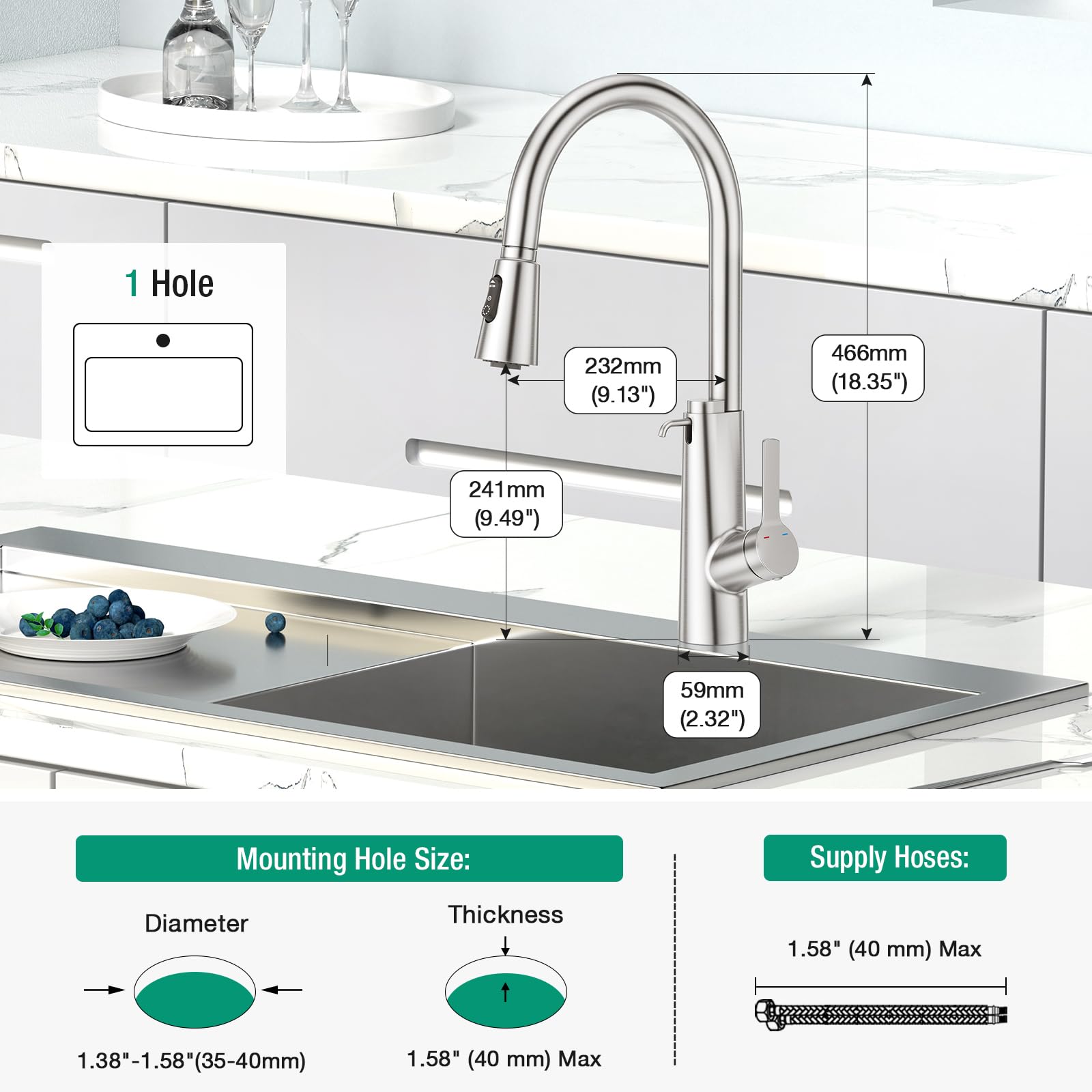 CREA Rubinetto da cucina dispenser di sapone da incasso, miscelatore da cucina con doccetta estensibile, rubinetto per lavello da cucina con 3 doccetta modalità, girevole a 360°, spazzolato