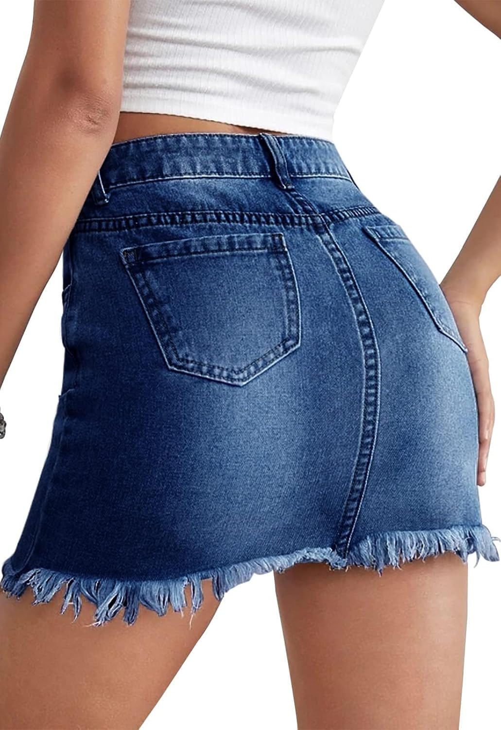 Women’s Bodycon Denim Mini Skirt High Waist Casual Washed Frayed Stretchy Jean Skirts with Pocket for Women - Image 3