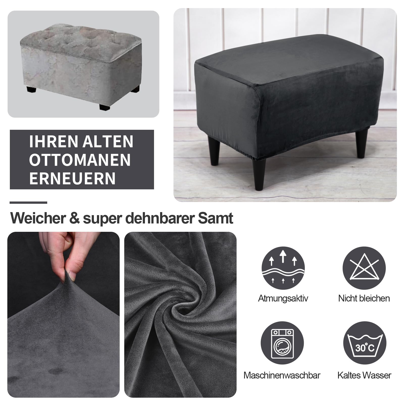 Alishomtll 3 Teilig Ohrensessel Überzug Mit Ottomane Schonbezug Stretch Samt Sessel-Überwürfe Elastisch Einfarbig Sesselhusse Strandmon Tiger Stuhlbezug mit Armlehne Hohe Rückenlehne (Dunkelgrau)